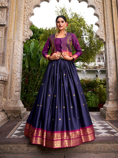 Navy Blue Color Zari Weaving Work Poly Cotton Lehenga Choli