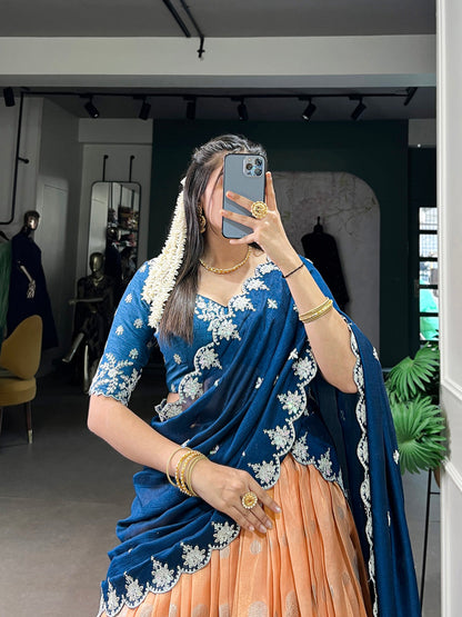 Orange Color Zari Weaving Work Sequins And Embroidery Border With Zari Kota Wedding Wear