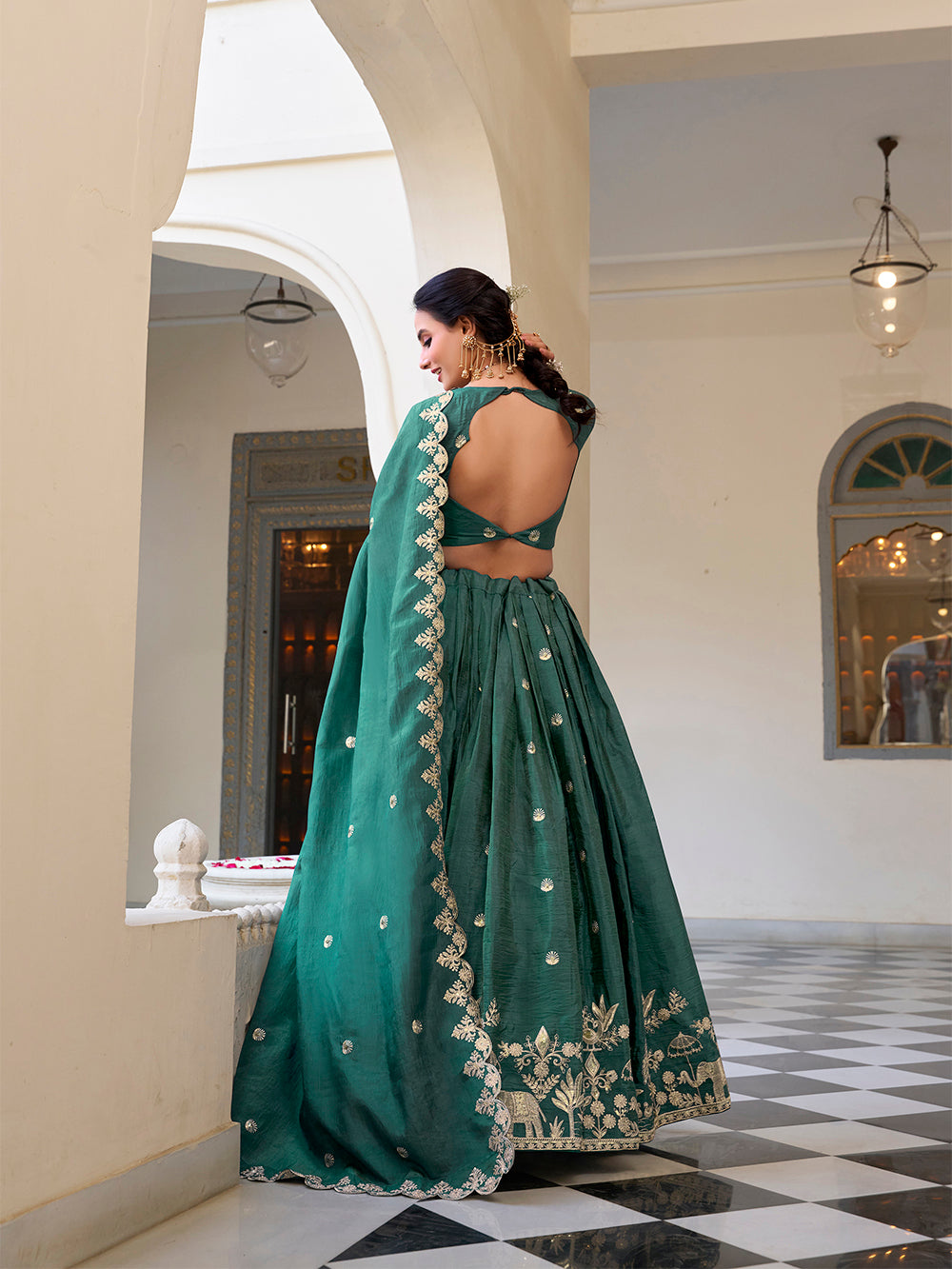 Teal Color Sequins and Thread Embroidery Work Gold Crush Lehenga Choli