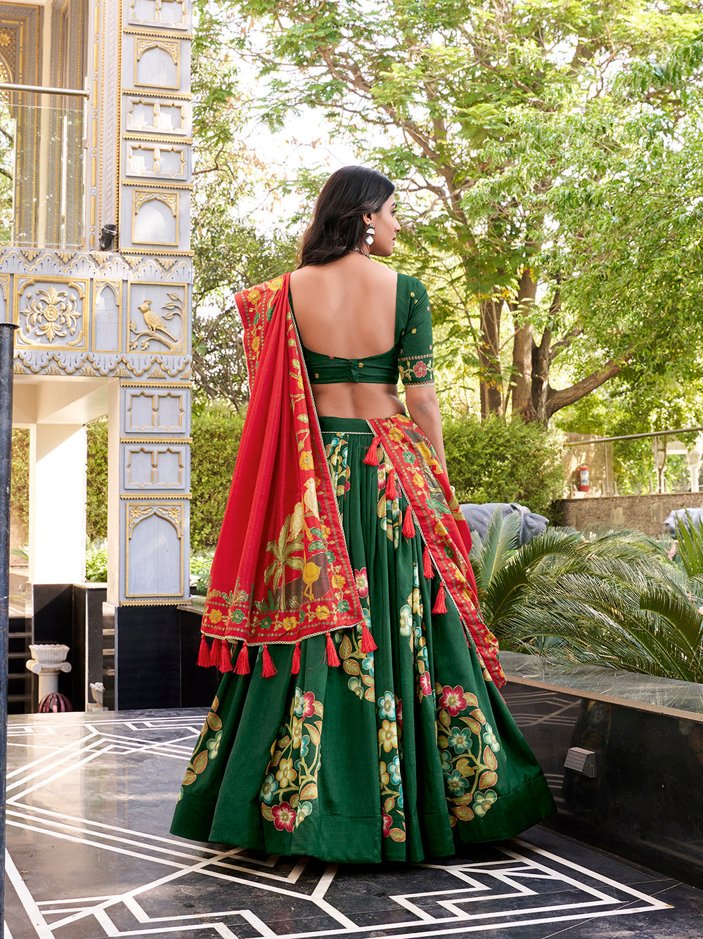 Green Color Printed And Foil Work Tussar Silk Lehenga Choli