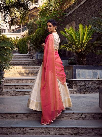 Off White Color Zari Weaving Work Jacquard Chex South Indian Lehenga Choli