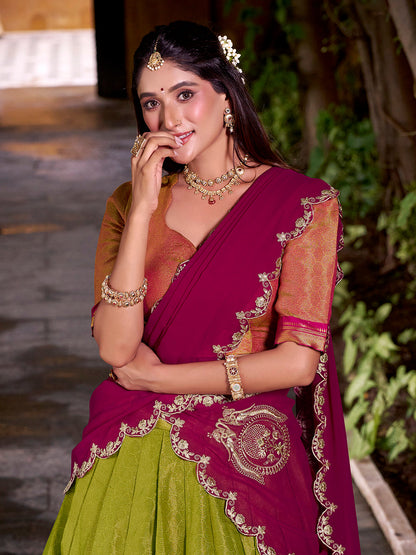 Rani Pink Color Sequince And Thread Embroidery Work Kanchipuram Lehenga Choli