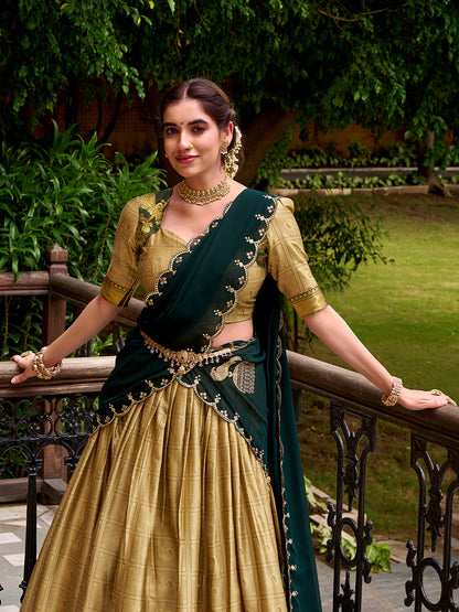 Cream Color Zari Weaving Work Poly Cotton Lehenga Choli