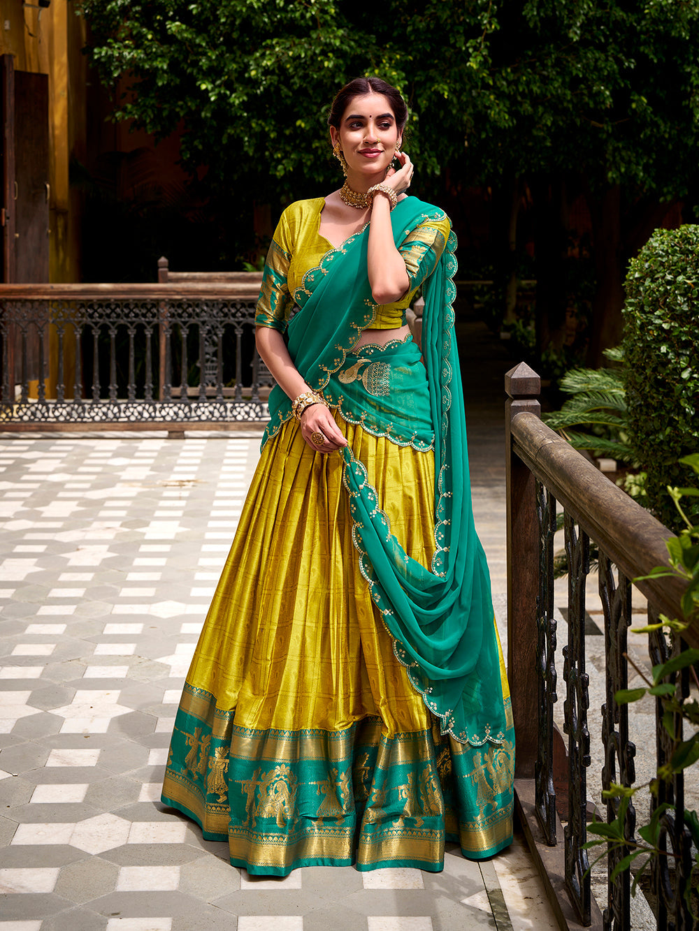 Yellow Color Zari Weaving Work Poly Cotton Lehenga Choli
