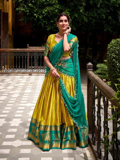 Yellow Color Zari Weaving Work Poly Cotton Lehenga Choli
