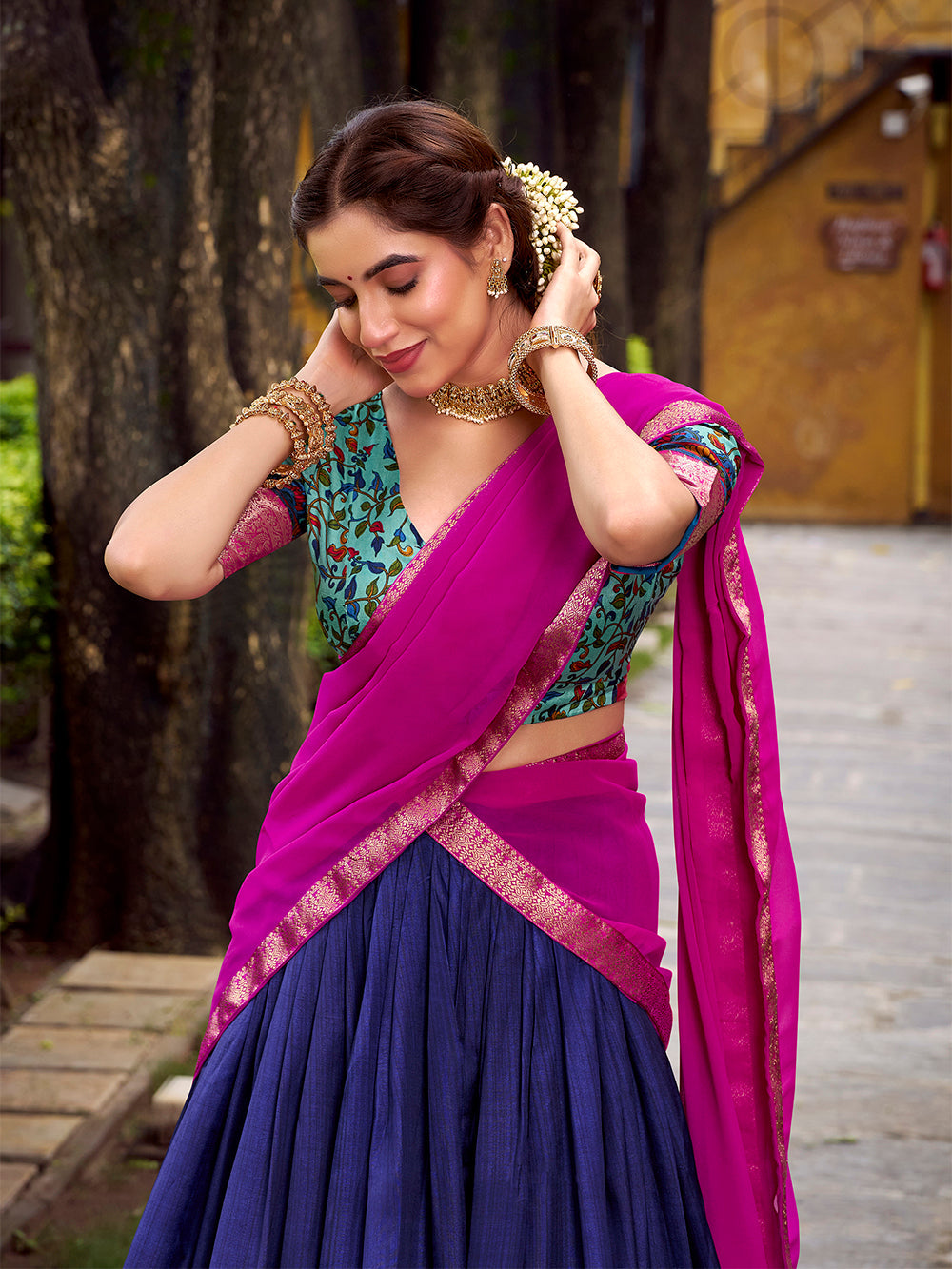 Navy Blue Color Printed With Zari Weaving Work Astha Silk Lehenga Choli