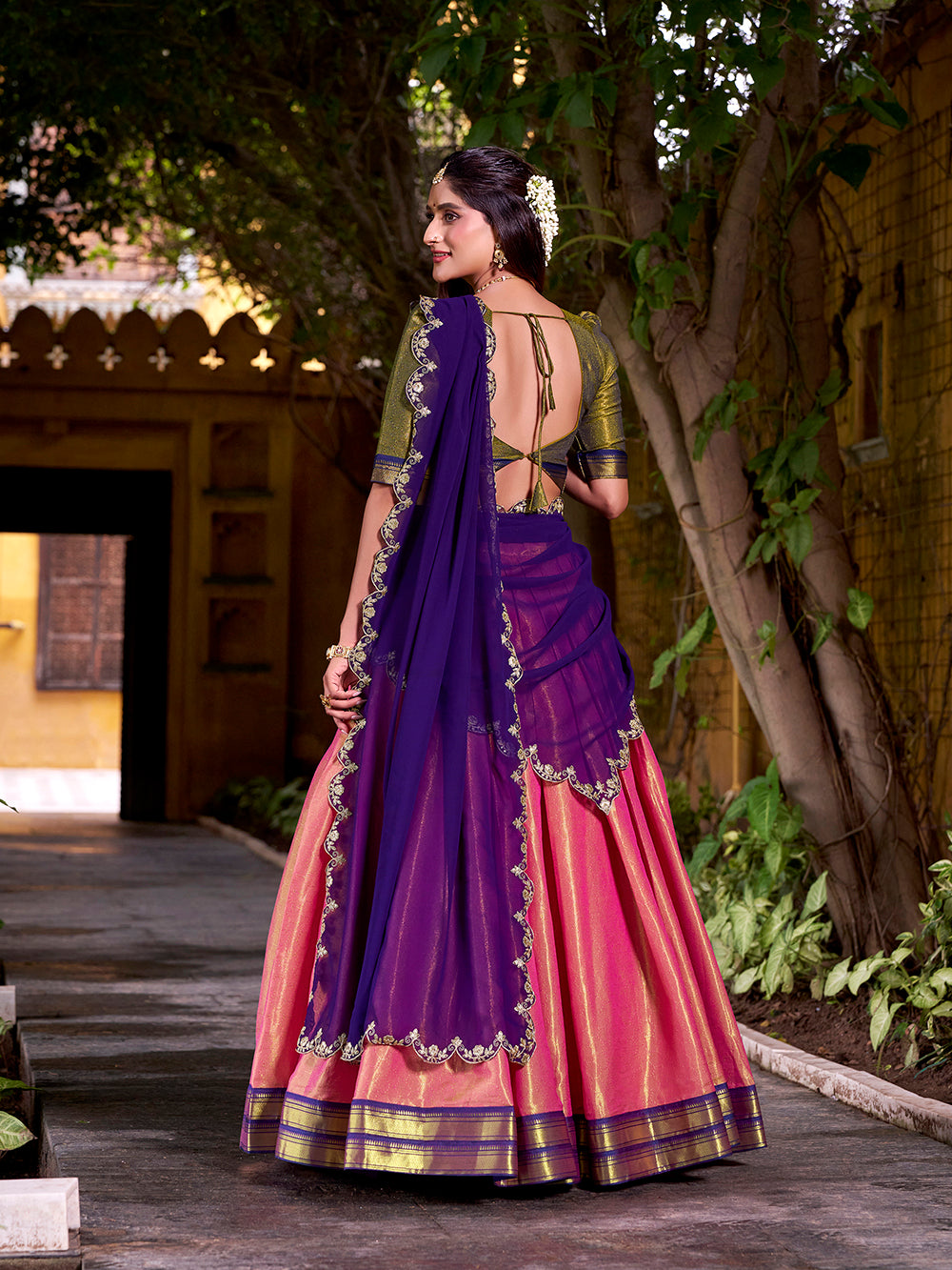 Purple Color Sequince And Thread Embroidery Work Kanchipuram Lehenga Choli