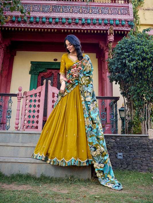 Mustard Color Sequins And Thread Embroidery Work Vichitra Silk Lehenga