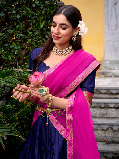 Navy Blue Color Zari Weaving Work Poly Cotton Lehenga choli