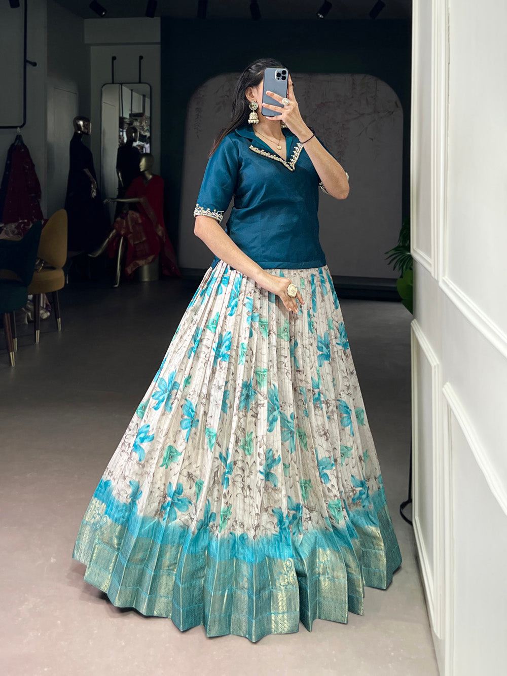 Teal Color Floral Print With Zari Weaving Work Dola Chex Co-Ord Set