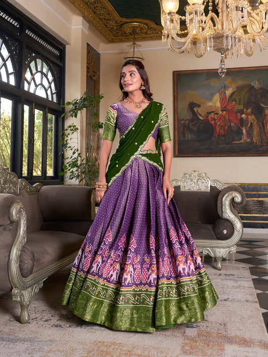 Purple Color Printed With Zari Weaving Work Kanchipuram Lehenga Choli