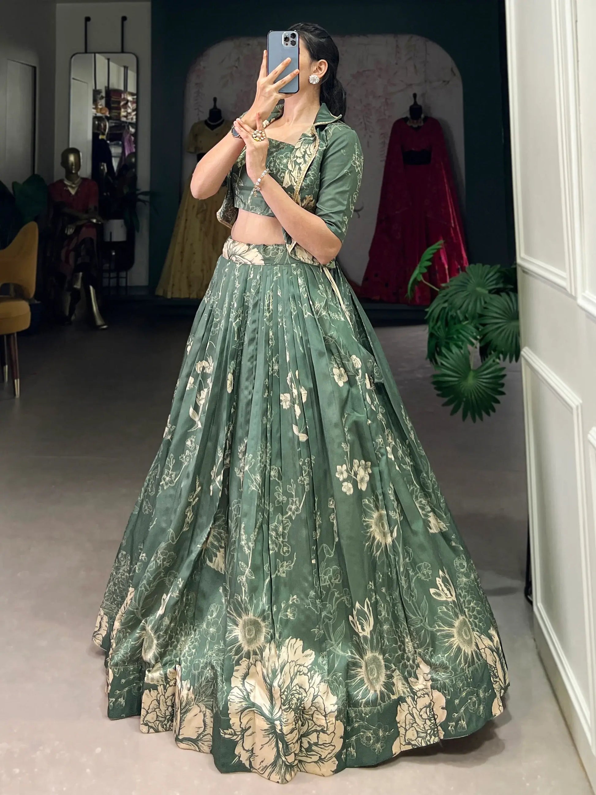 Spectacular Bottle Green Floral Printed Crop Top Lehenga With Jacket - Zeel Clothing