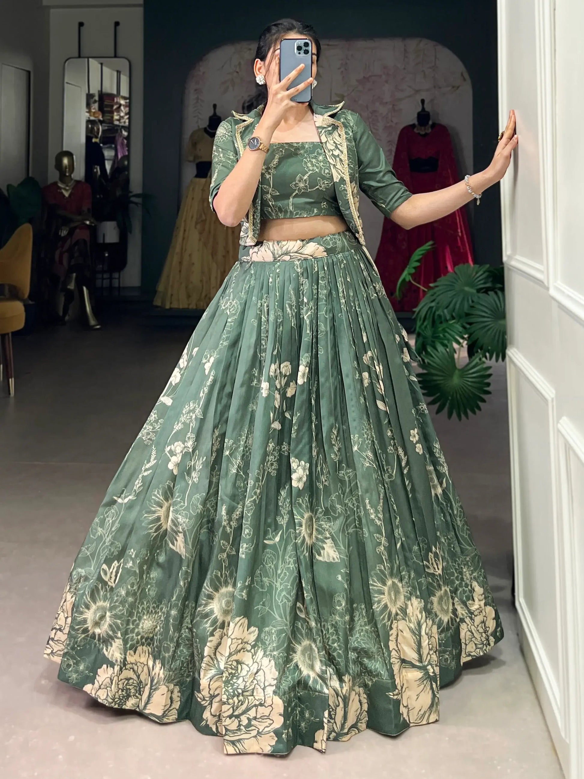 Spectacular Bottle Green Floral Printed Crop Top Lehenga With Jacket - Zeel Clothing