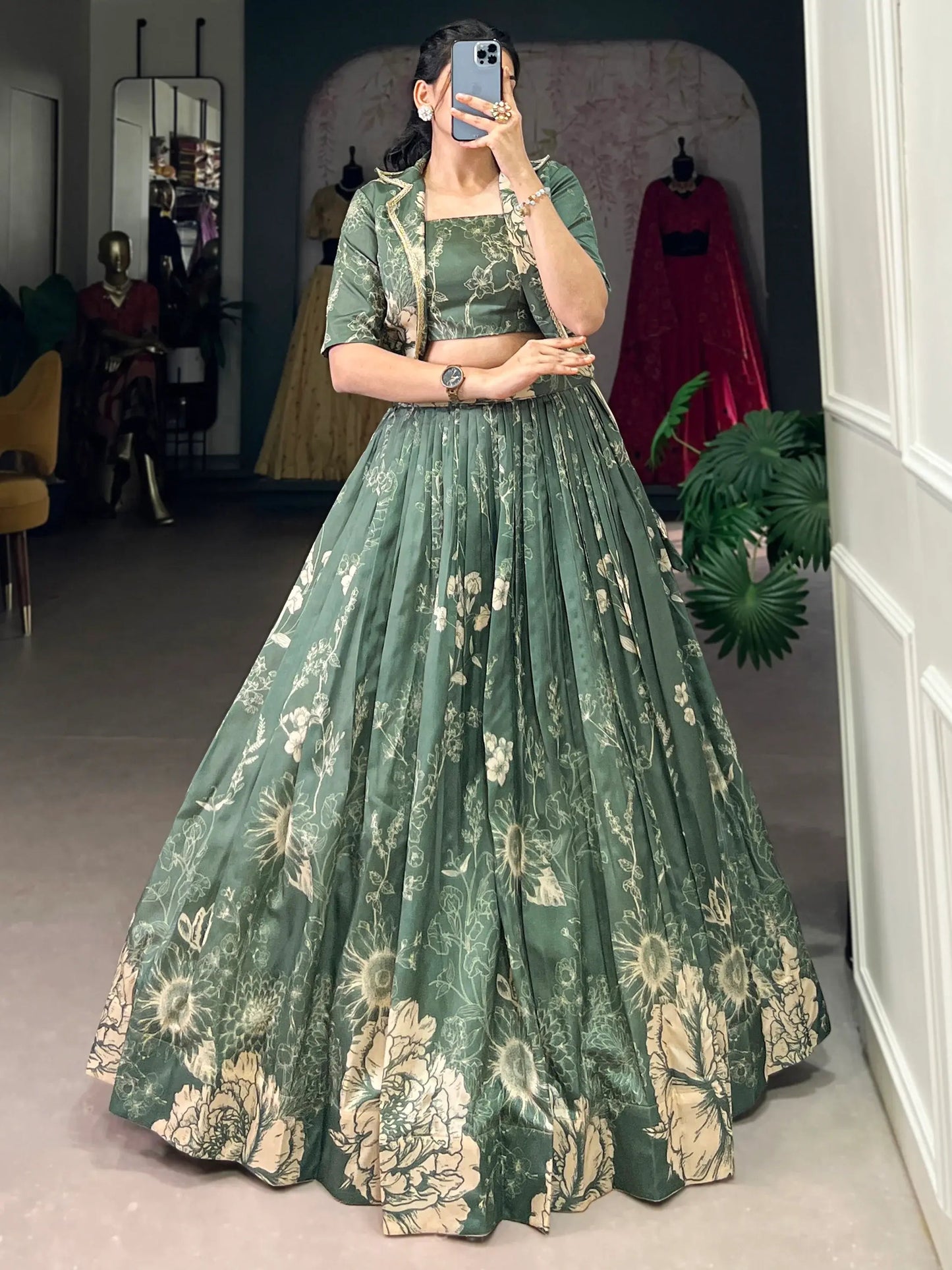 Spectacular Bottle Green Floral Printed Crop Top Lehenga With Jacket - Zeel Clothing