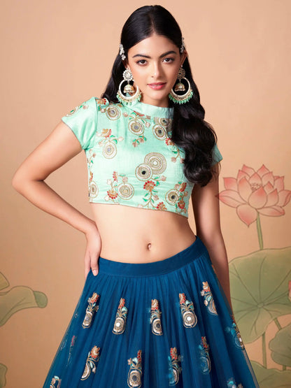 Spectacular Dove Blue Mirror Work Net Event Wear Lehenga Choli - Zeel Clothing