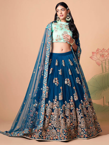 Spectacular Dove Blue Mirror Work Net Event Wear Lehenga Choli - Zeel Clothing