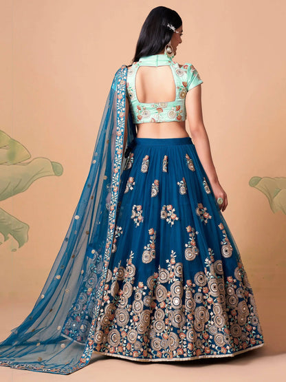 Spectacular Dove Blue Mirror Work Net Event Wear Lehenga Choli - Zeel Clothing