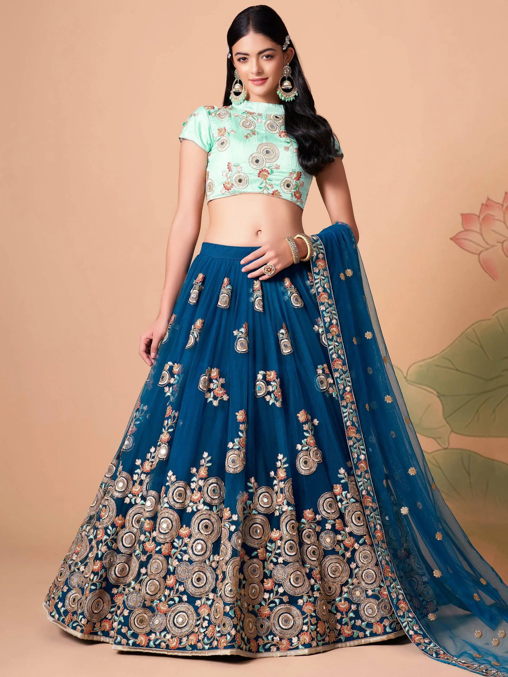 Spectacular Dove Blue Mirror Work Net Event Wear Lehenga Choli - Zeel Clothing