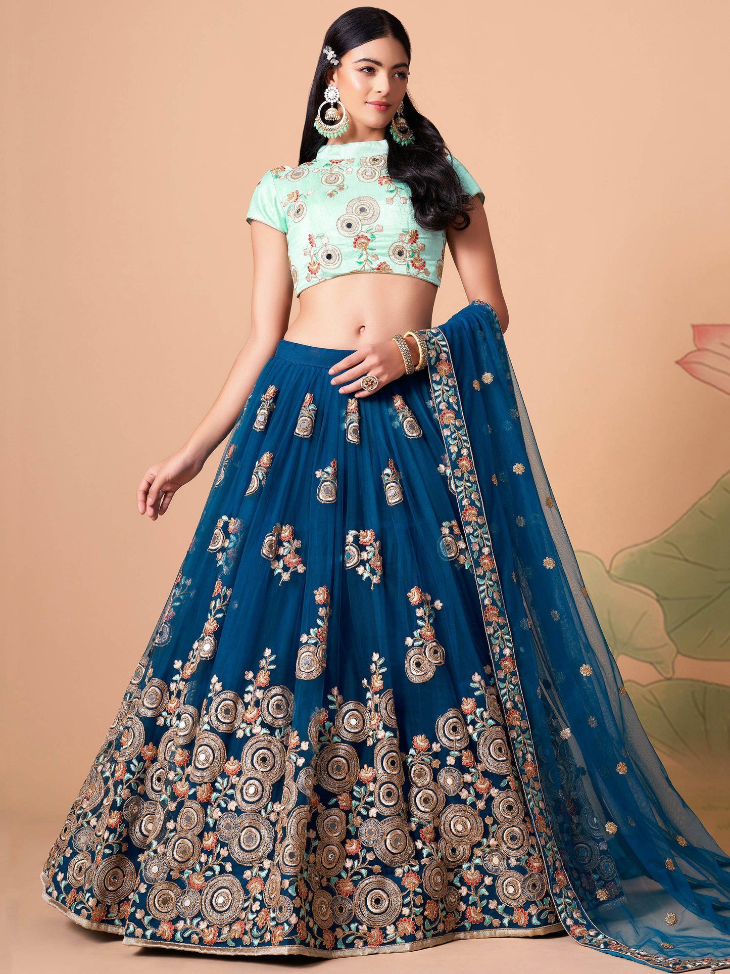 Spectacular Dove Blue Mirror Work Net Event Wear Lehenga Choli - Zeel Clothing
