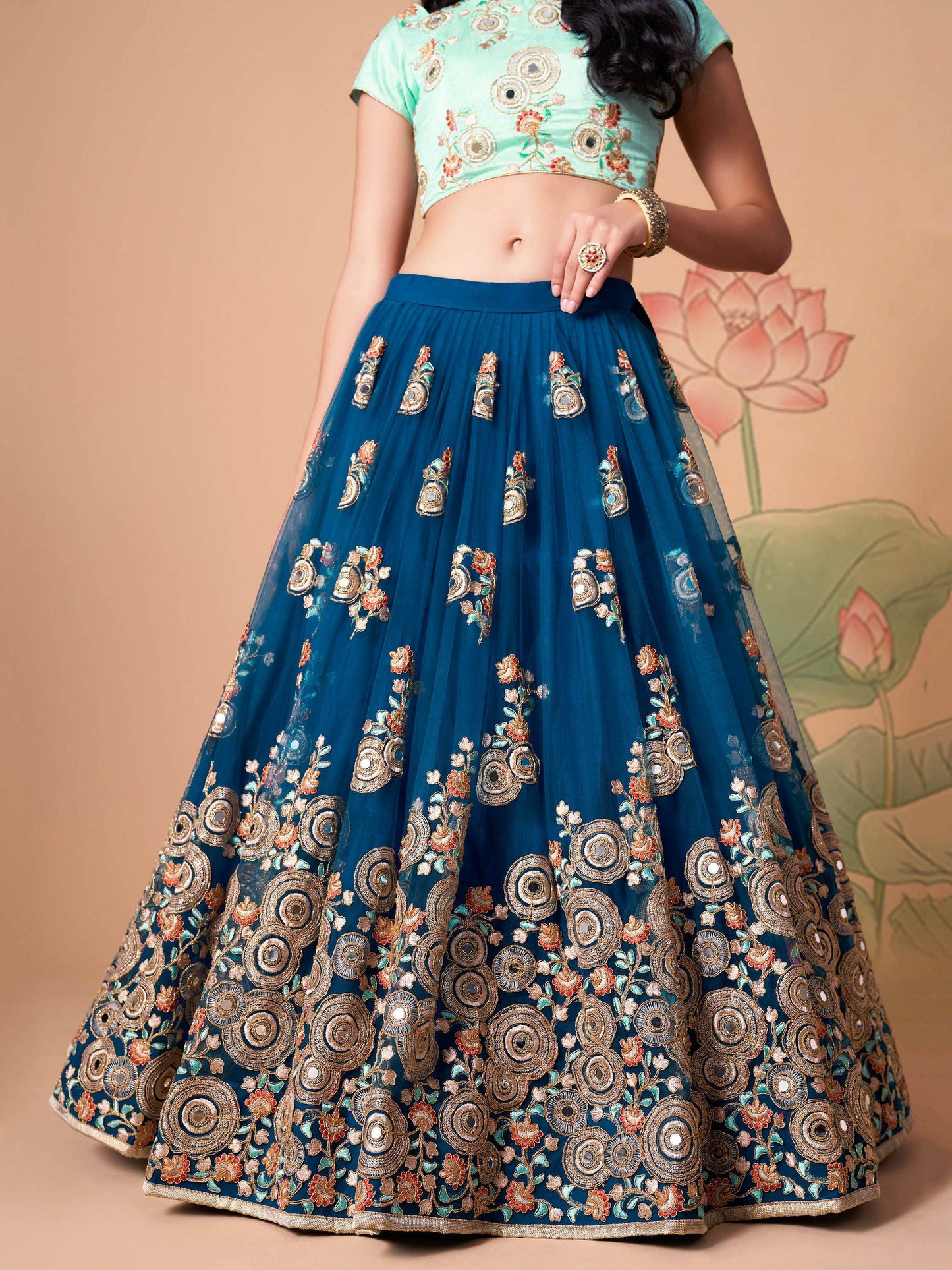 Spectacular Dove Blue Mirror Work Net Event Wear Lehenga Choli - Zeel Clothing