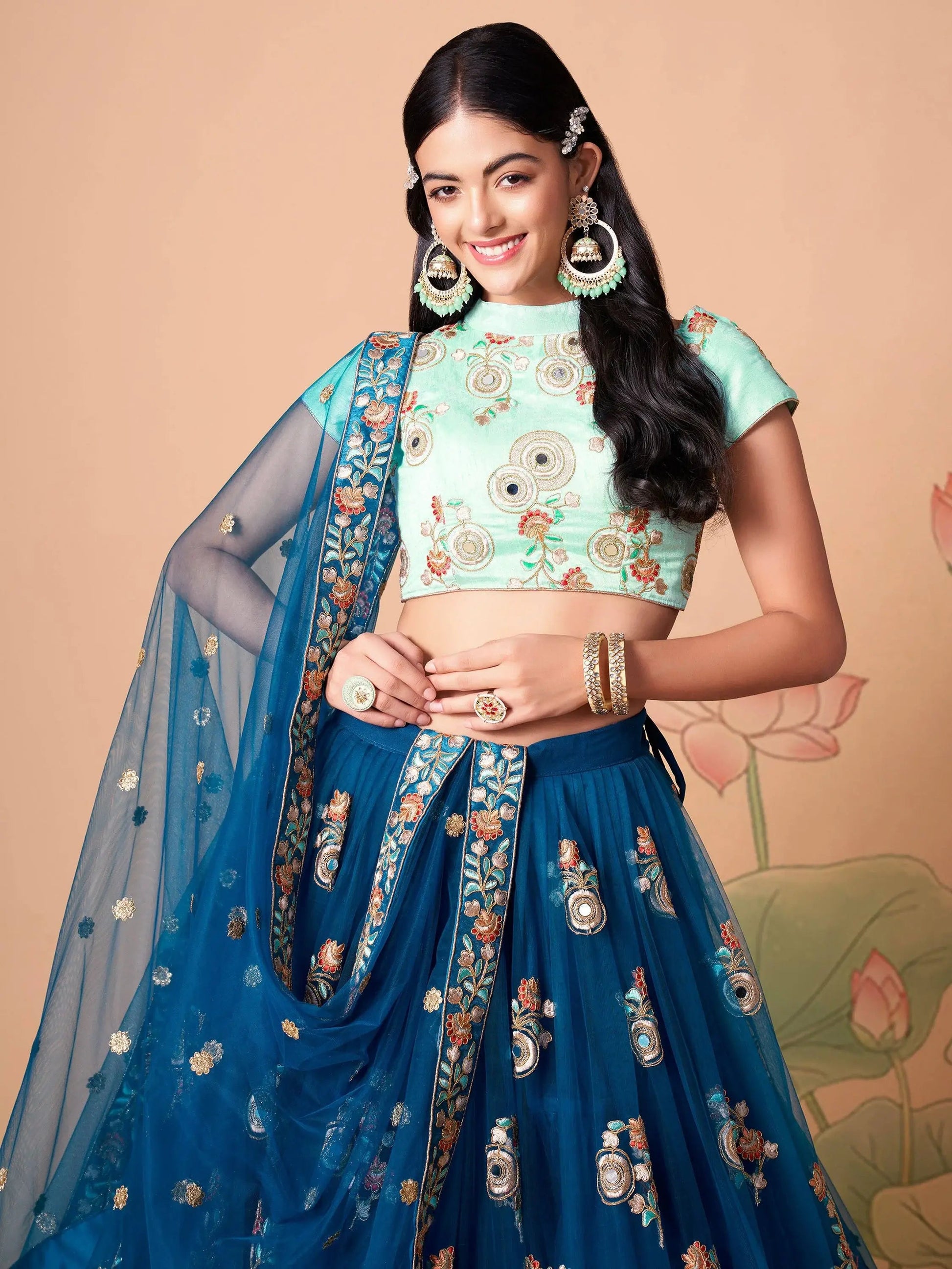 Spectacular Dove Blue Mirror Work Net Event Wear Lehenga Choli - Zeel Clothing