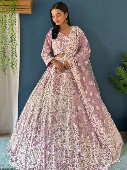 Spectacular Lilac Pearl Work Net Bridesmaid Lehenga Choli With Dupatta - Zeel Clothing