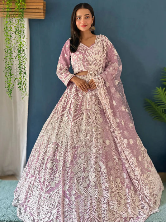 Spectacular Lilac Pearl Work Net Bridesmaid Lehenga Choli With Dupatta - Zeel Clothing