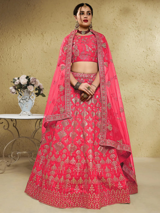 Spectacular Peach Sequins Work Slub Silk Traditional Wear Lehenga Choli - Zeel Clothing