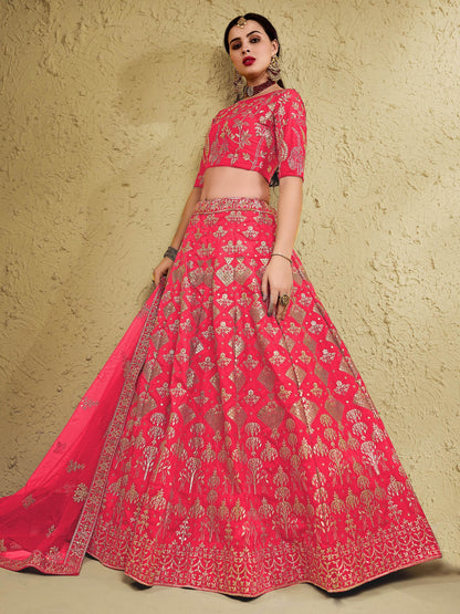 Spectacular Peach Sequins Work Slub Silk Traditional Wear Lehenga Choli - Zeel Clothing
