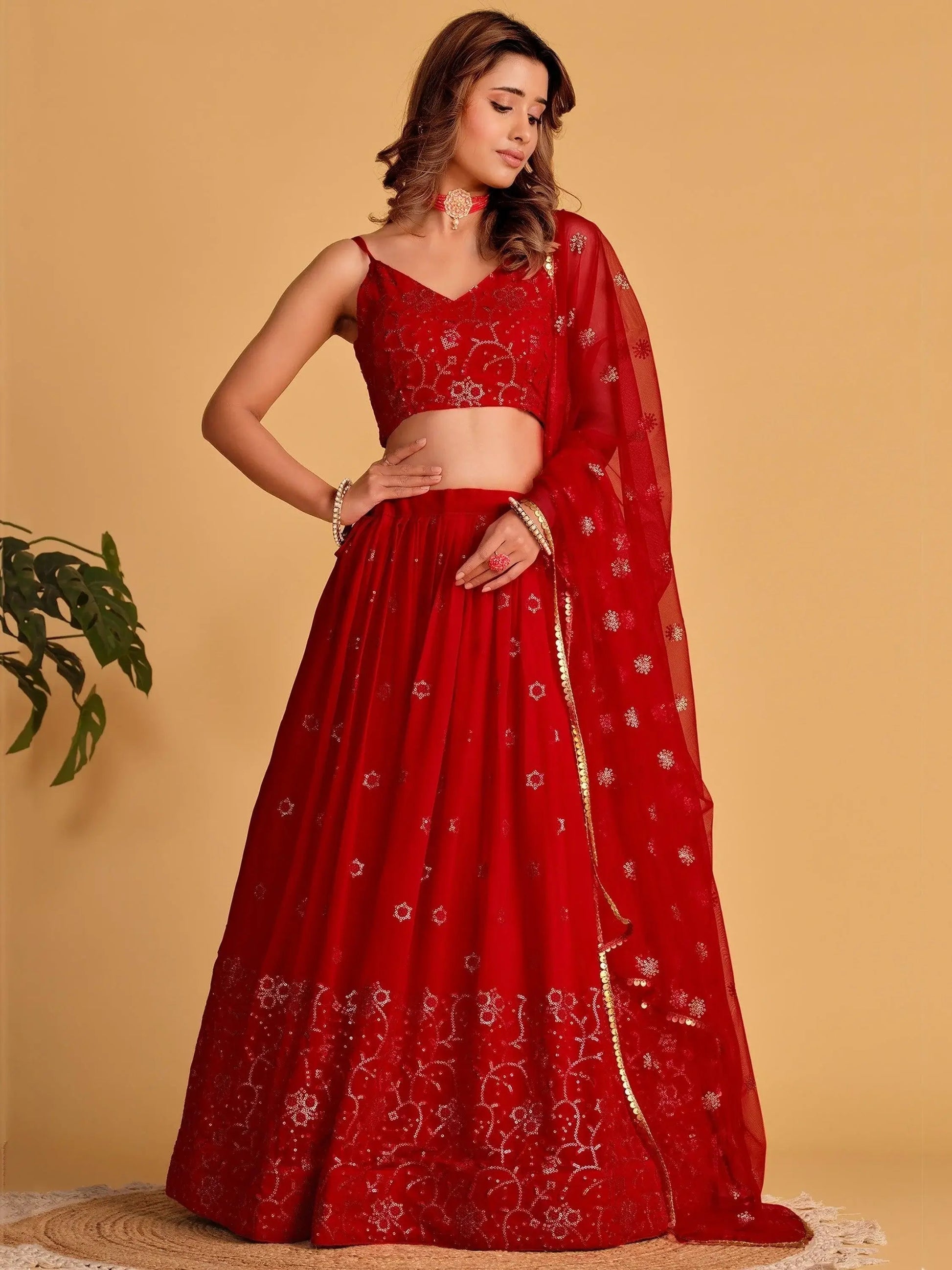 Spectacular Red Sequins Georgette Reception Wear Lehenga Choli - Zeel Clothing