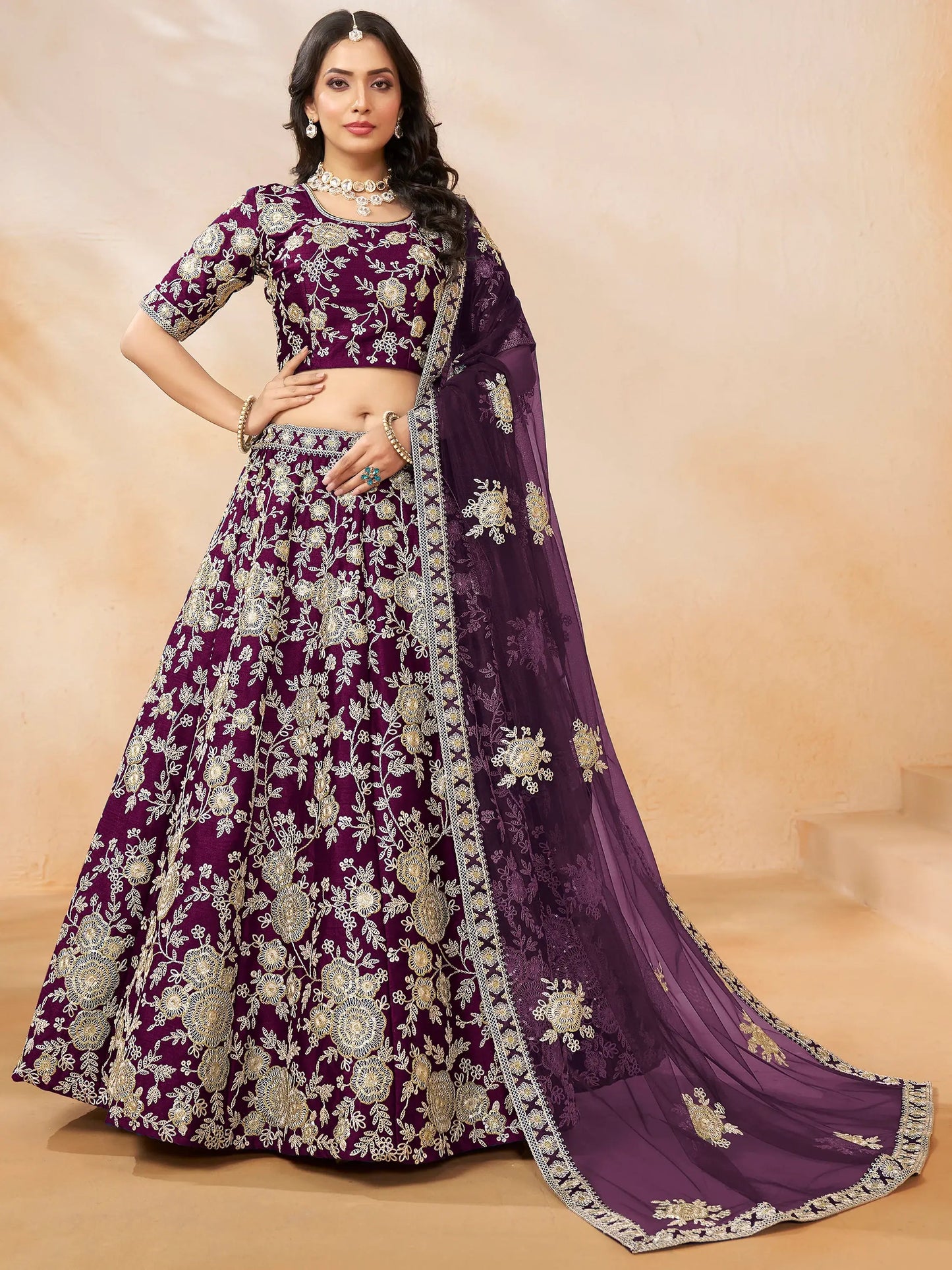 Spectacular Wine Embroidered Silk Wedding Wear Lehenga Choli - Zeel Clothing