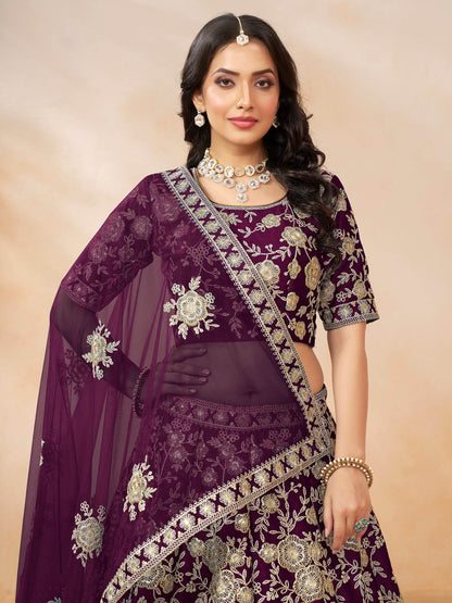 Spectacular Wine Embroidered Silk Wedding Wear Lehenga Choli - Zeel Clothing