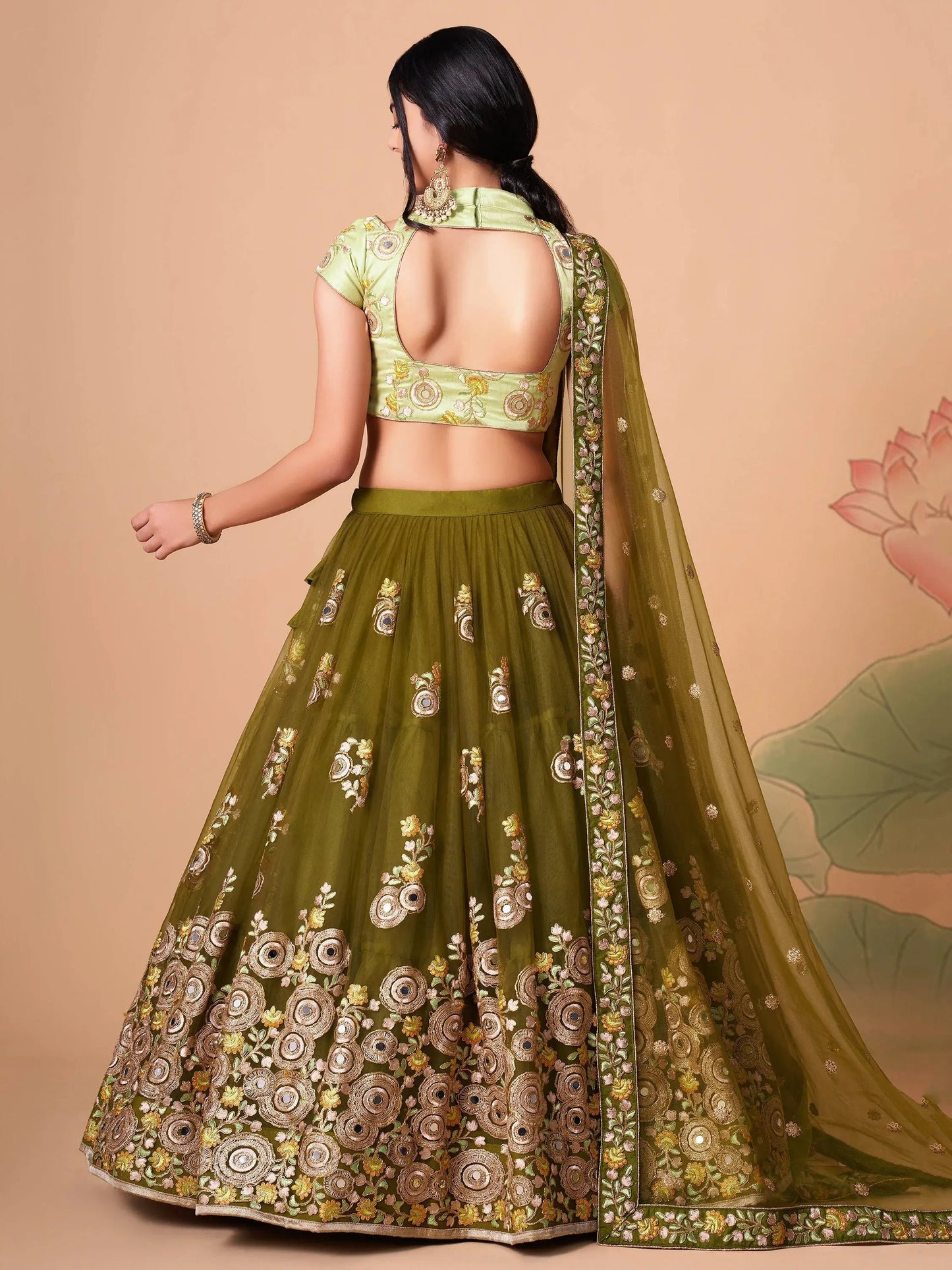 Splendid Olive Green Mirror Work Net Lehenga Choli With Dupatta - Zeel Clothing