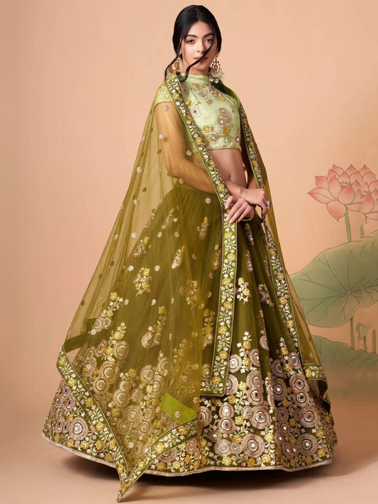 Splendid Olive Green Mirror Work Net Lehenga Choli With Dupatta - Zeel Clothing