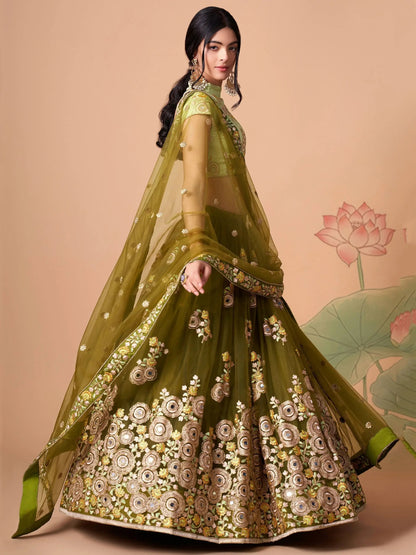 Splendid Olive Green Mirror Work Net Lehenga Choli With Dupatta - Zeel Clothing