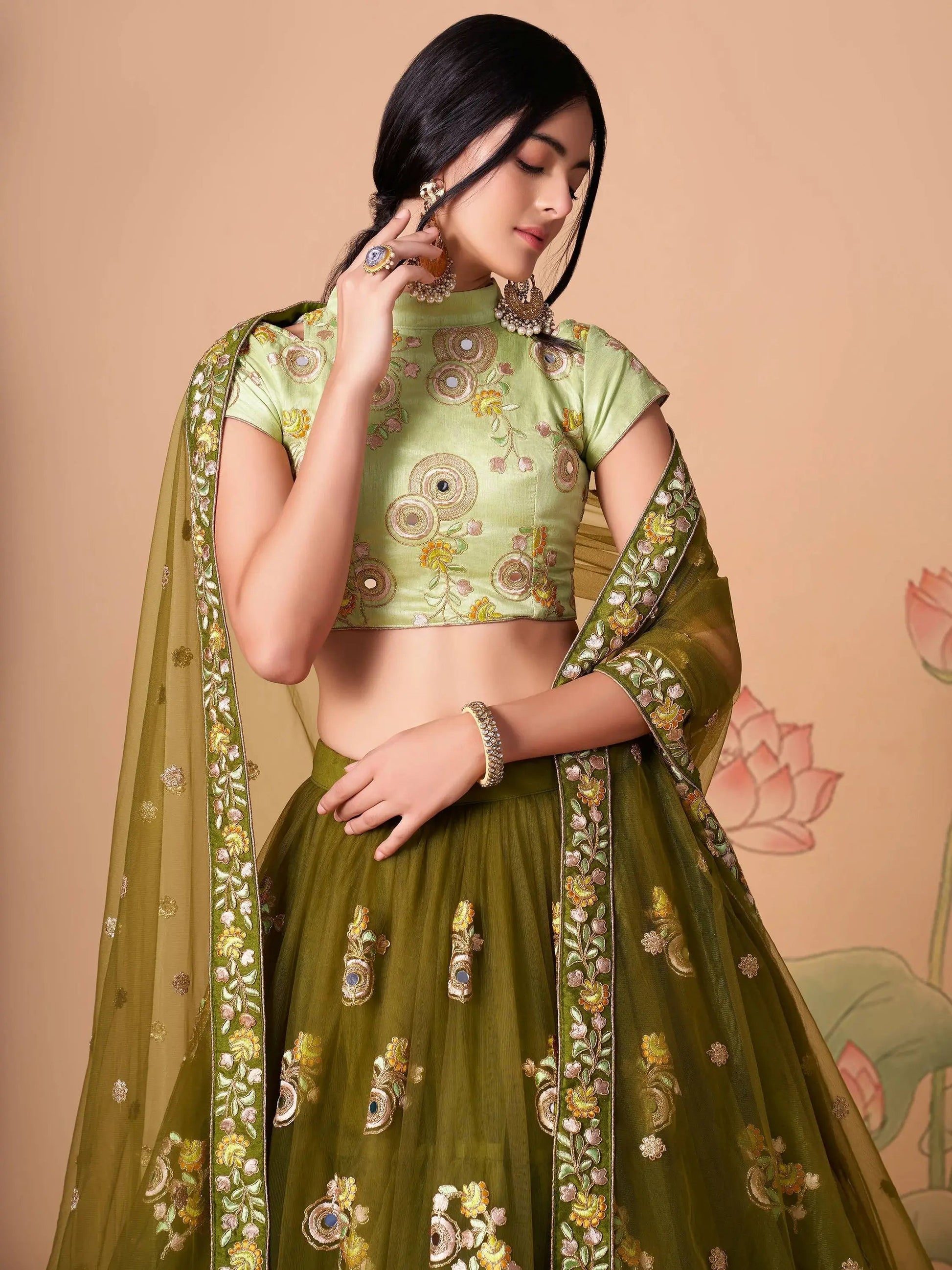 Splendid Olive Green Mirror Work Net Lehenga Choli With Dupatta - Zeel Clothing