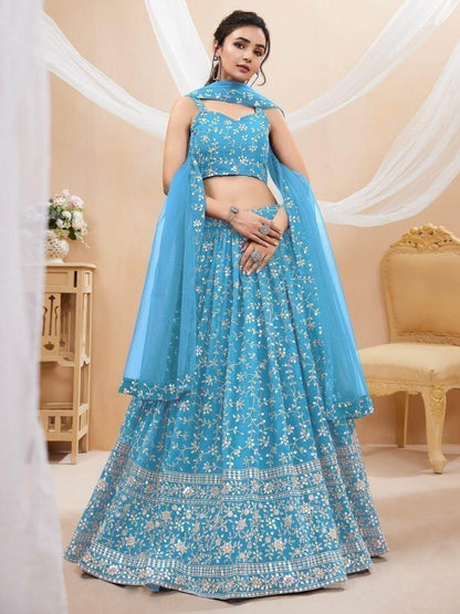 Splendid Sky-Blue Embroidered Georgette Sangeet Wear Lehenga Choli - Zeel Clothing