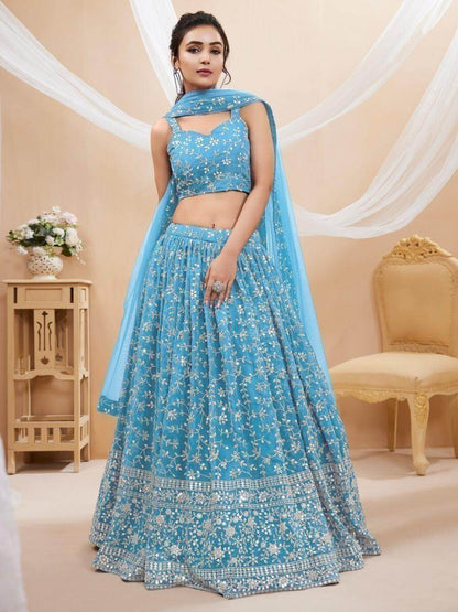 Splendid Sky-Blue Embroidered Georgette Sangeet Wear Lehenga Choli - Zeel Clothing