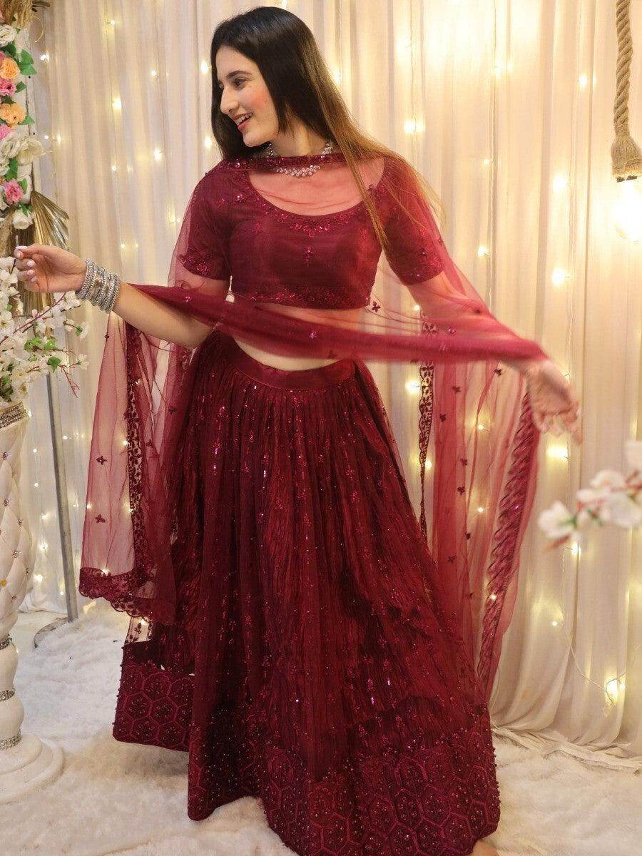 Splendid Wine Embroidered Net Reception Wear Lehenga Choli With Dupatta - Zeel Clothing