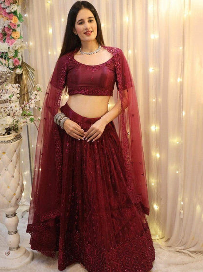 Splendid Wine Embroidered Net Reception Wear Lehenga Choli With Dupatta - Zeel Clothing