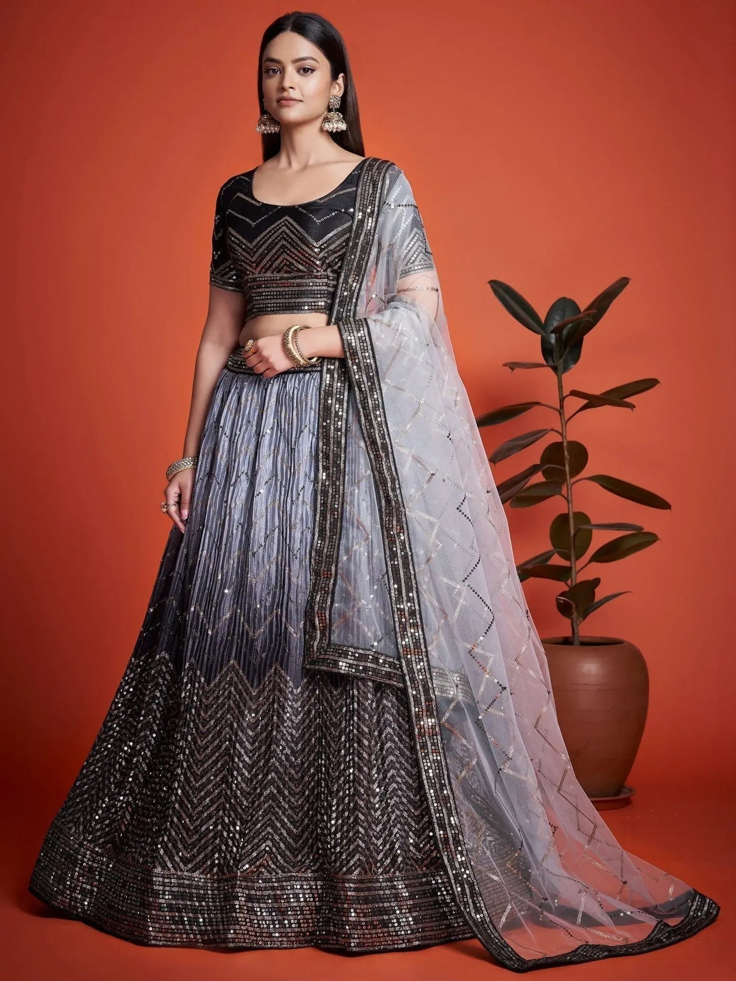 Stunning Black Sequins Chinon Party Wear Lehenga Choli With Dupatta - Zeel Clothing