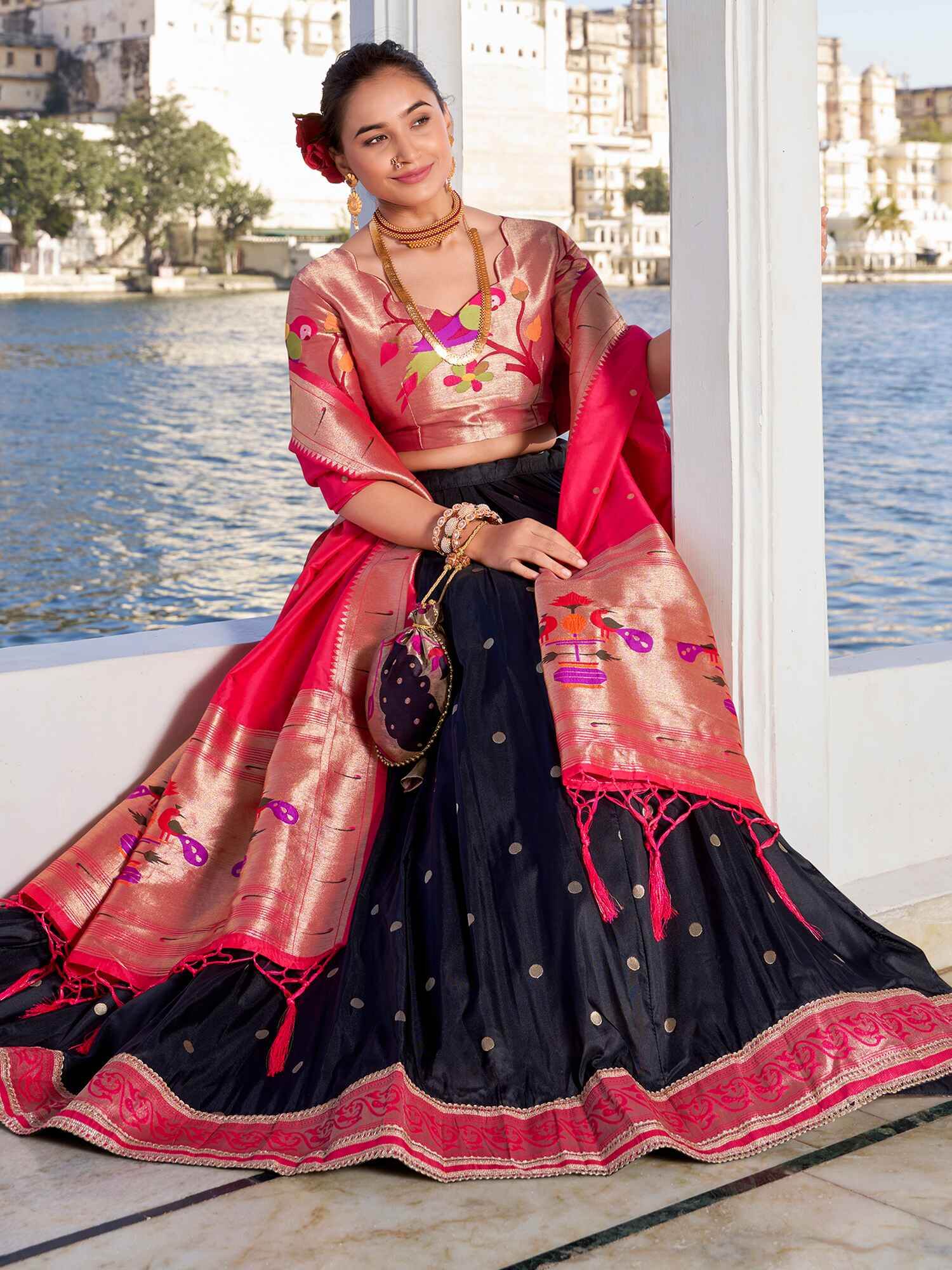 Stunning Black Zari Weaving Silk Paithani Lehenga Choli With Dupatta - Zeel Clothing