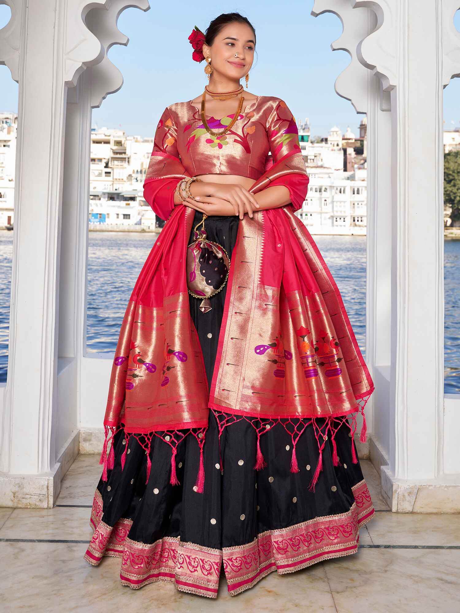 Stunning Black Zari Weaving Silk Paithani Lehenga Choli With Dupatta - Zeel Clothing