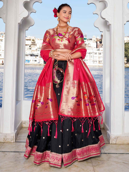 Stunning Black Zari Weaving Silk Paithani Lehenga Choli With Dupatta - Zeel Clothing