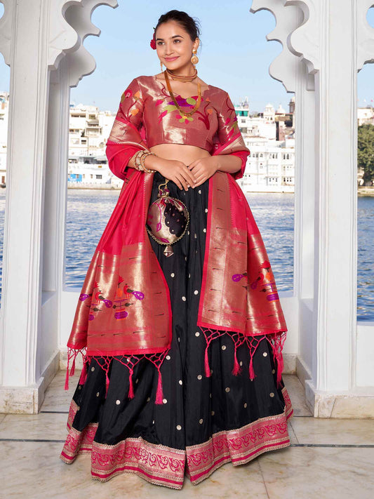 Stunning Black Zari Weaving Silk Paithani Lehenga Choli With Dupatta - Zeel Clothing