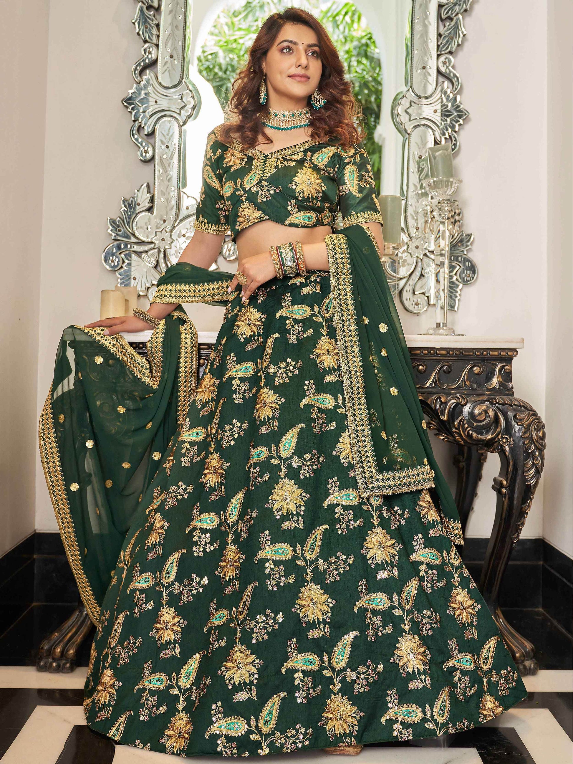 Stunning Green Embroidered Art Silk Wedding Wear Lehenga Choli - Zeel Clothing