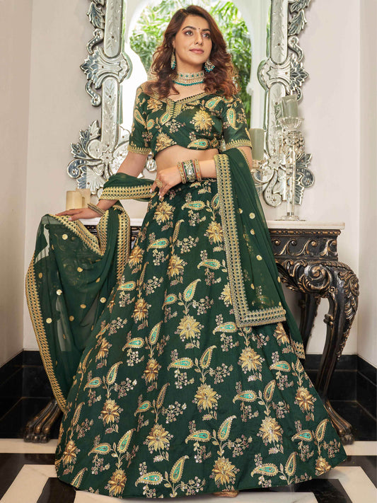 Stunning Green Embroidered Art Silk Wedding Wear Lehenga Choli - Zeel Clothing
