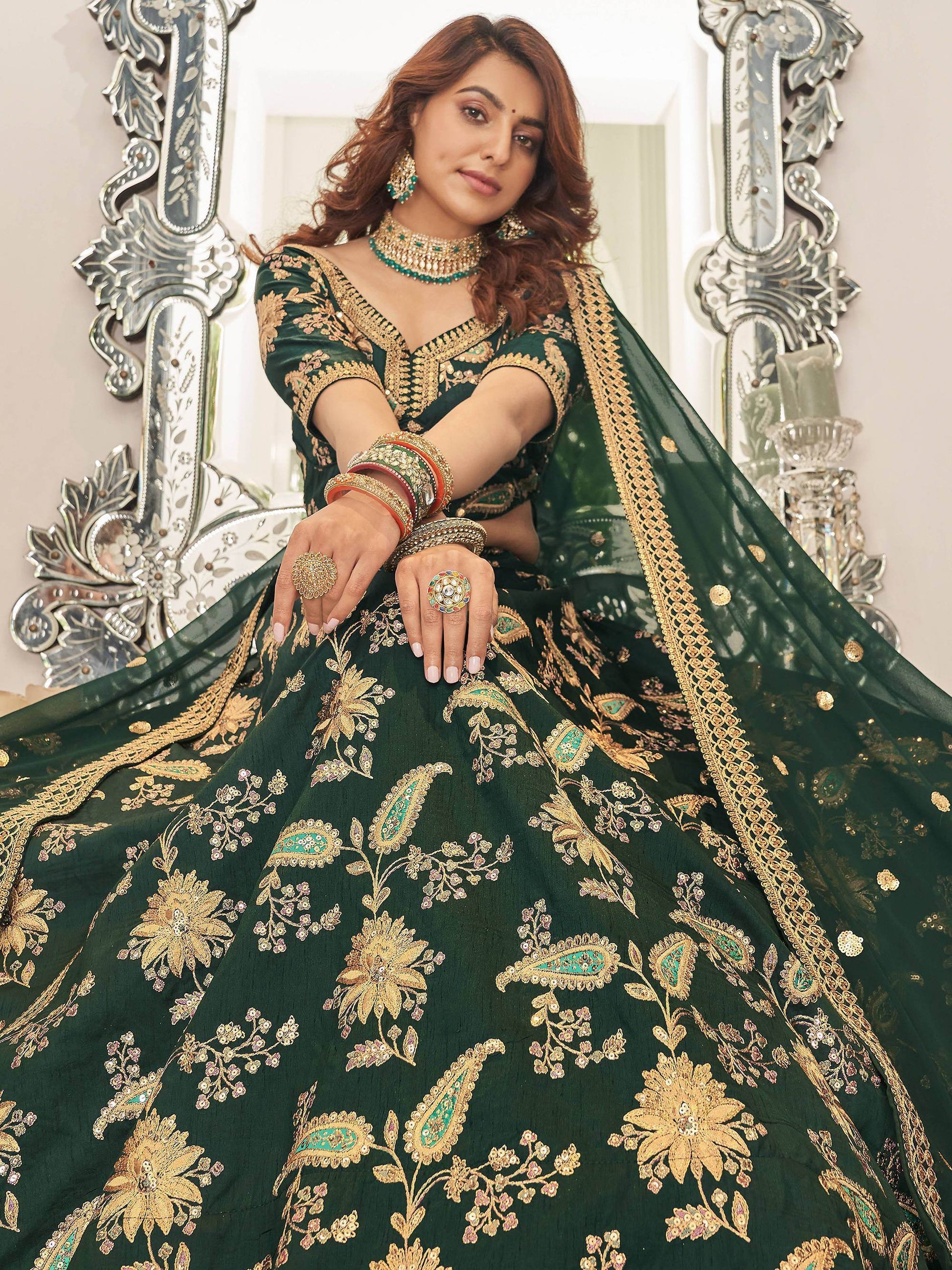 Stunning Green Embroidered Art Silk Wedding Wear Lehenga Choli - Zeel Clothing