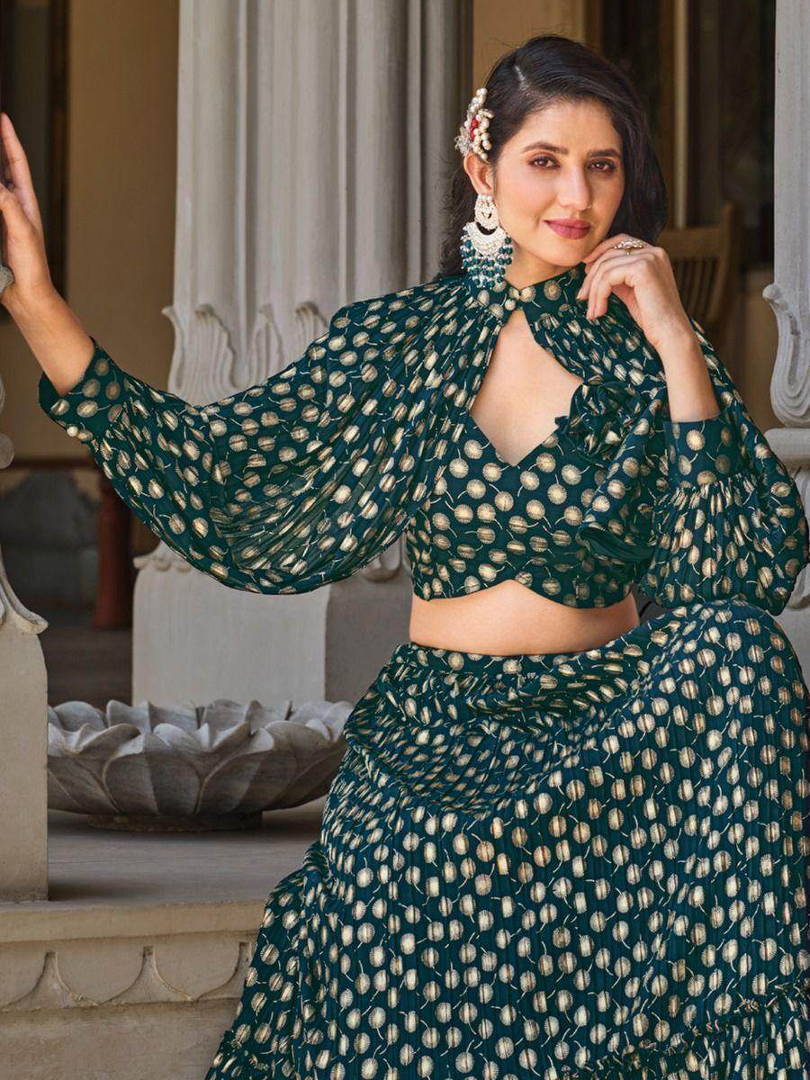Stunning Green Foil Work Georgette Skirt Crop Top With Jacket - Zeel Clothing