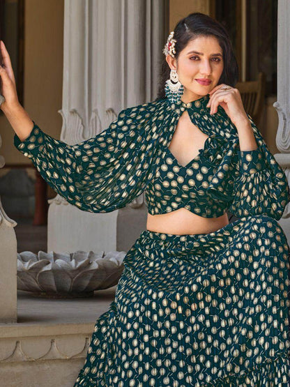 Stunning Green Foil Work Georgette Skirt Crop Top With Jacket - Zeel Clothing